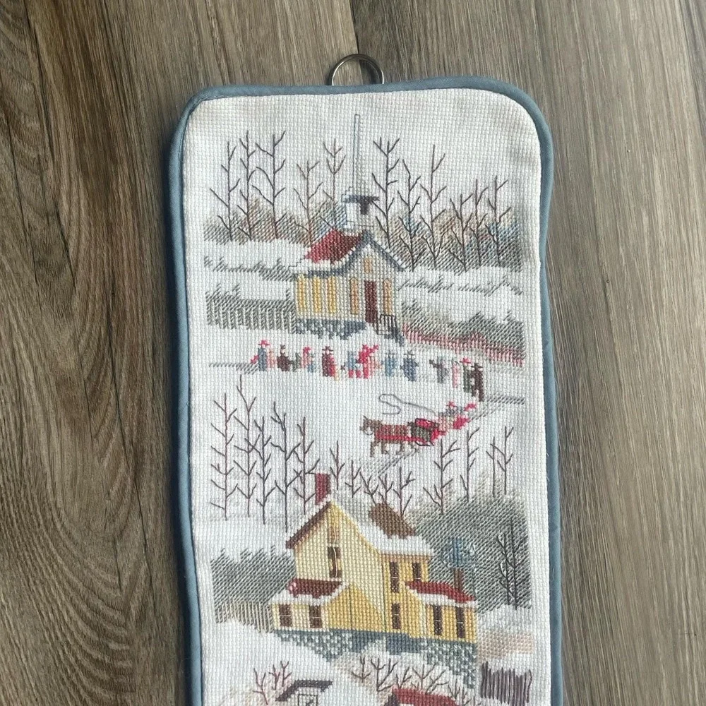 Vintage Needlepoint Hanging Winter Christmas Village Long‎ Wall Decor Tassle